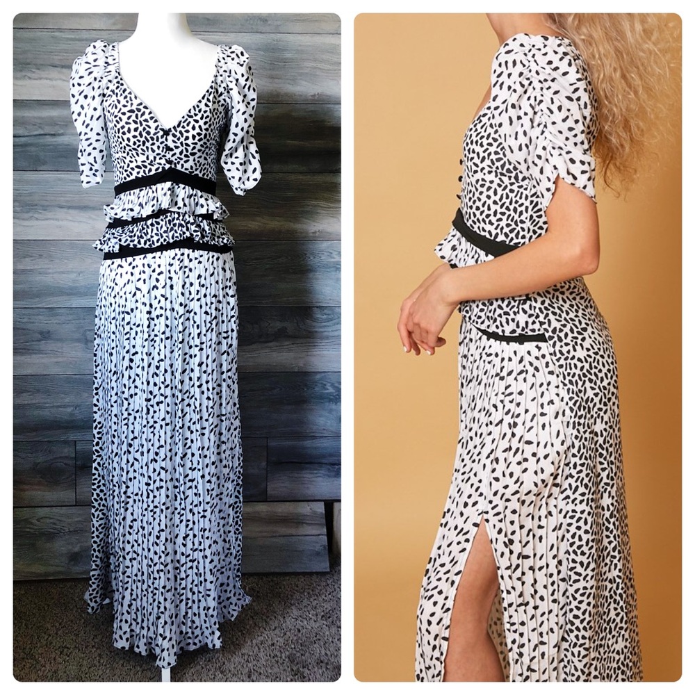 De Rococo black & white dot ruched ruffle maxi dress XS